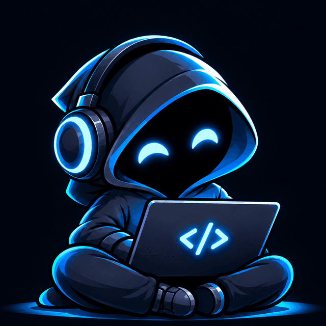 The NullUndefinedVoid mascot: a hooded coder wearing headphones, typing on a laptop
